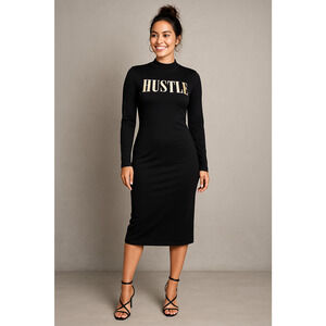 Haley & June Dress XL Black Hustle Bodycon Midi Long Sleeve Mock Neck Baddie